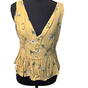 ACTIVE USA Yellow Floral Peplum V Neck Button Front Sleeveless Top Women's Large